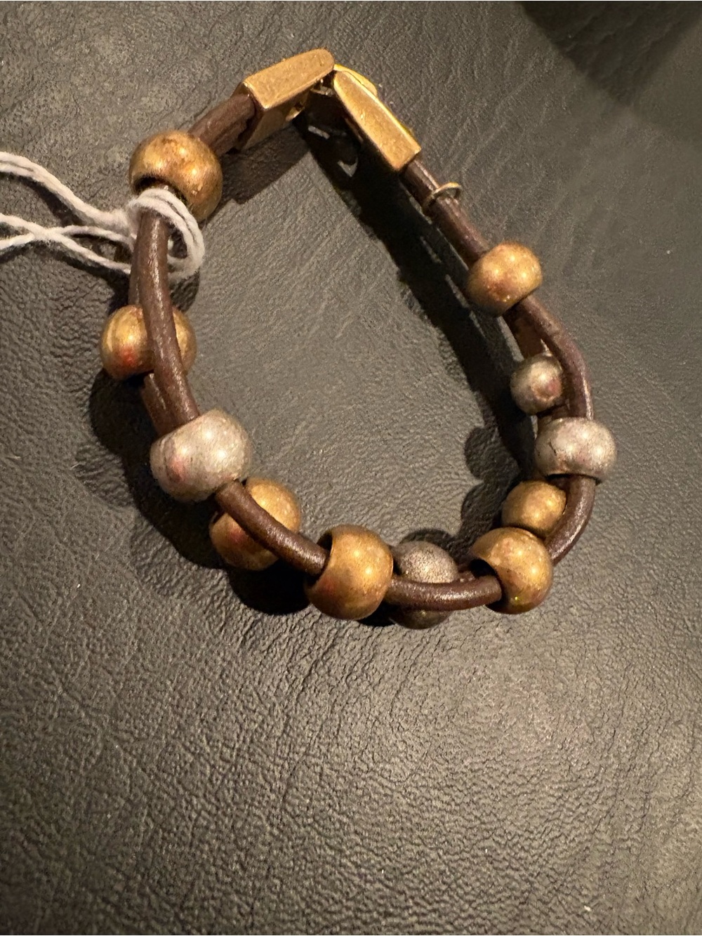 Men's Brown Leather Bead Bracelet with Gold & Silver Accents